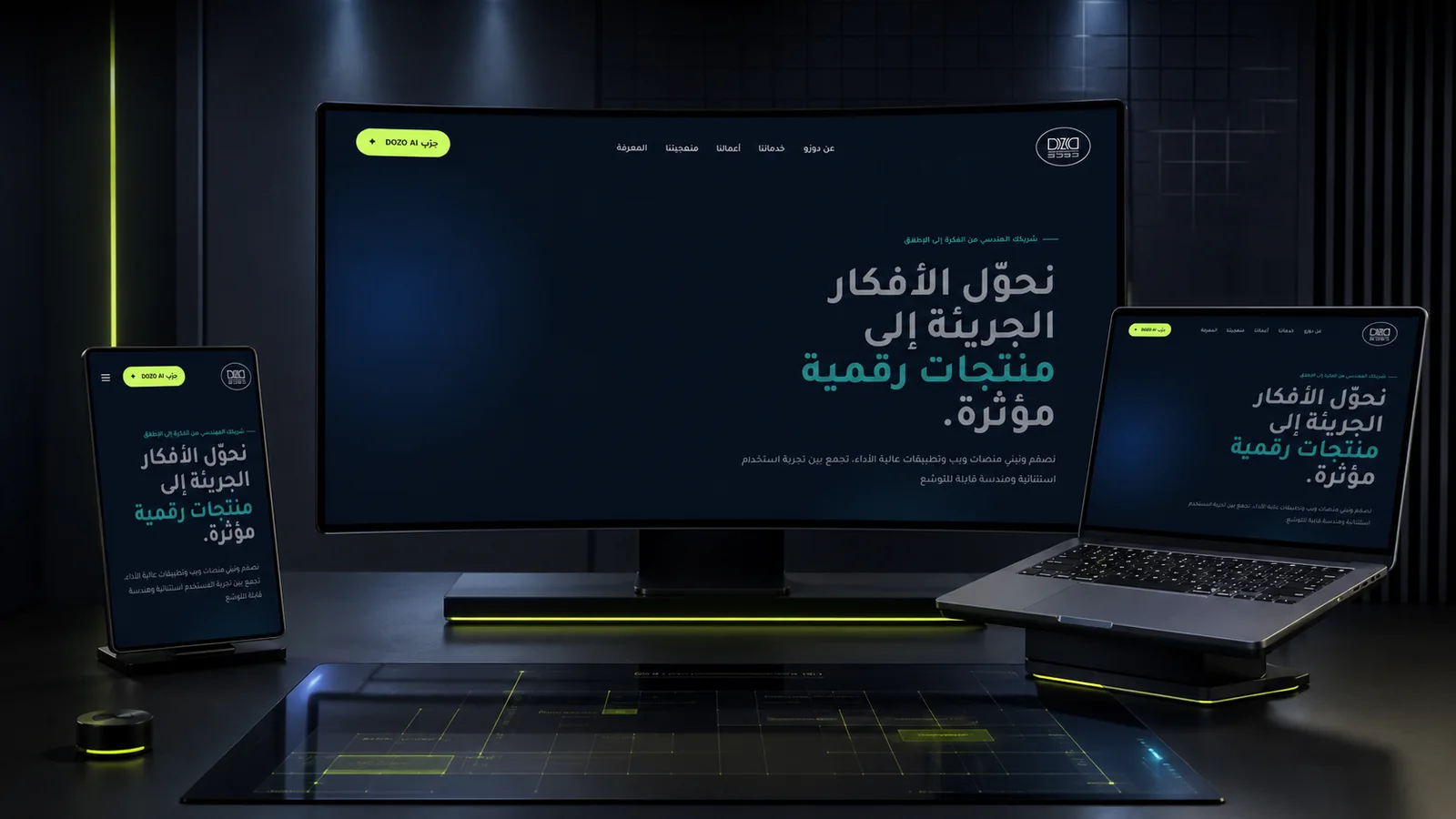 DOZO Intelligence Arabic product-studio interface shown on a monitor, a laptop and a phone