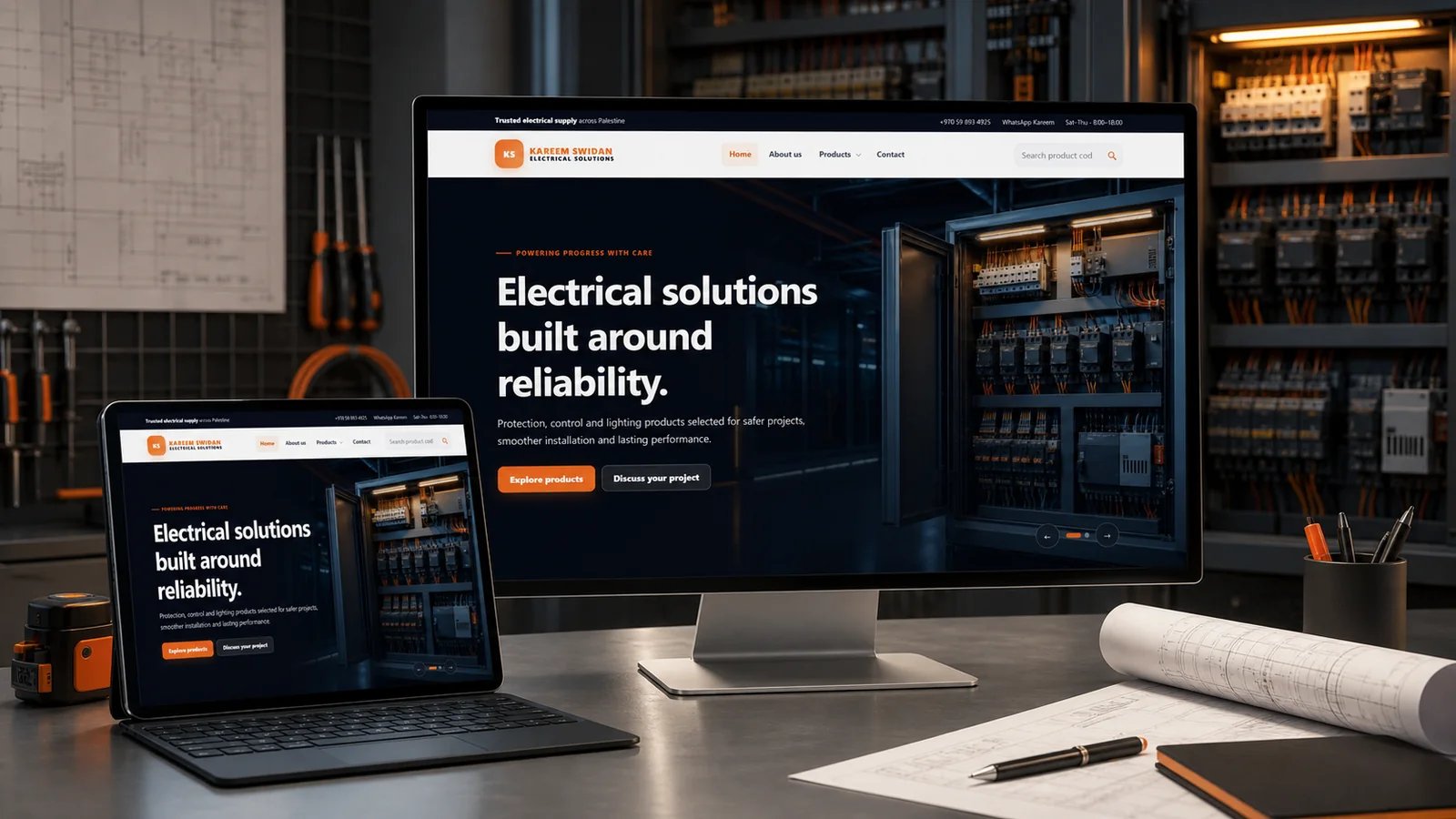 Electrical Solutions product catalog shown on a monitor, a laptop and a phone