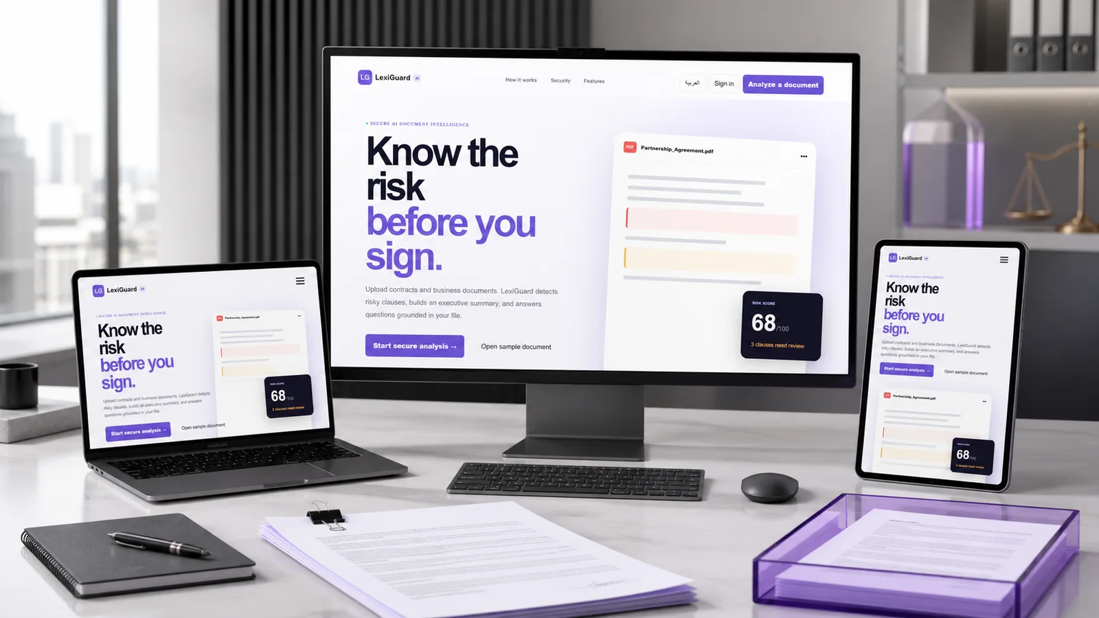 LexiGuard AI document-analysis interface shown on a monitor, a laptop and a phone