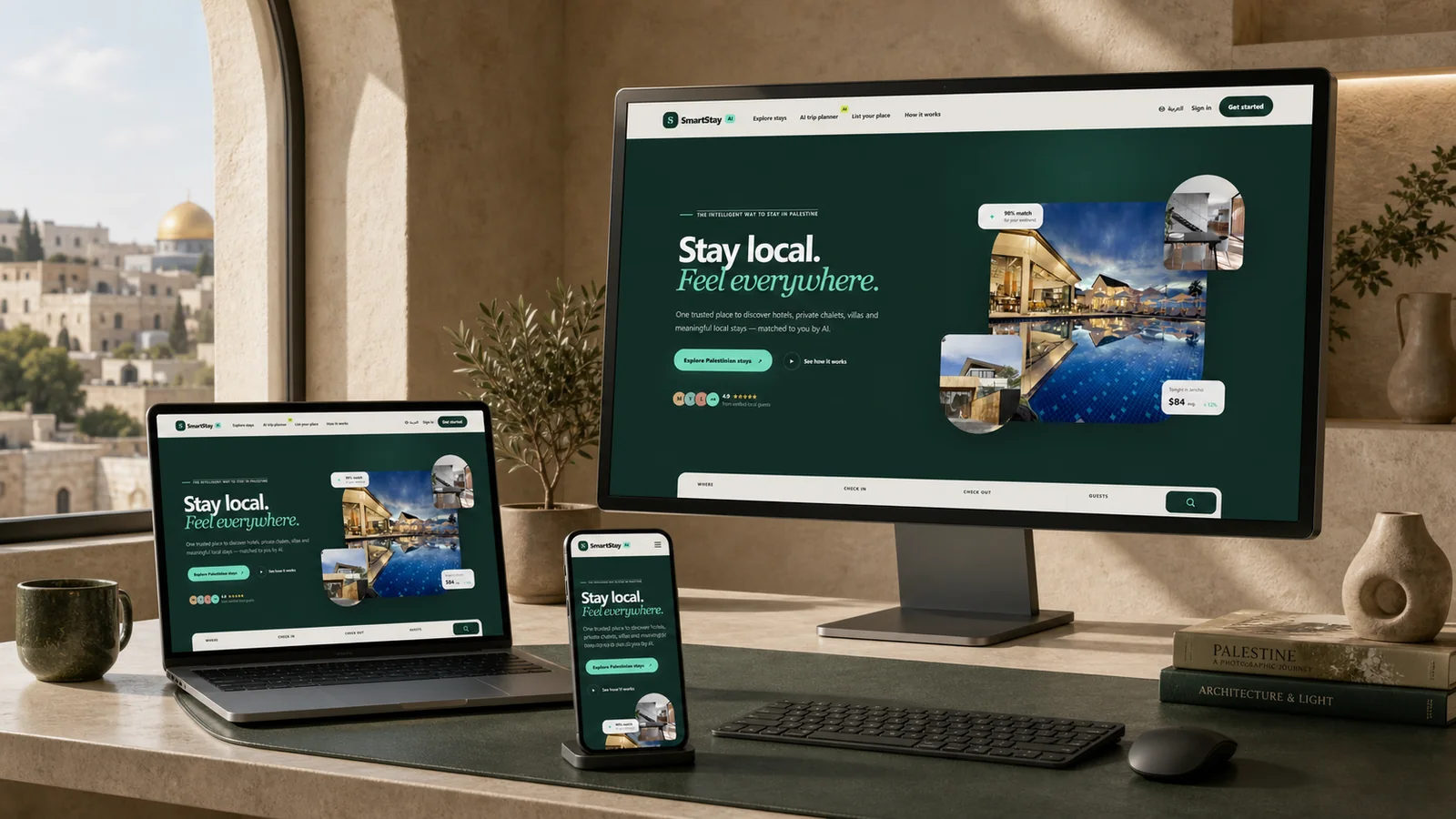 SmartStay AI Palestine stay-discovery home page shown on a monitor, a laptop and a phone