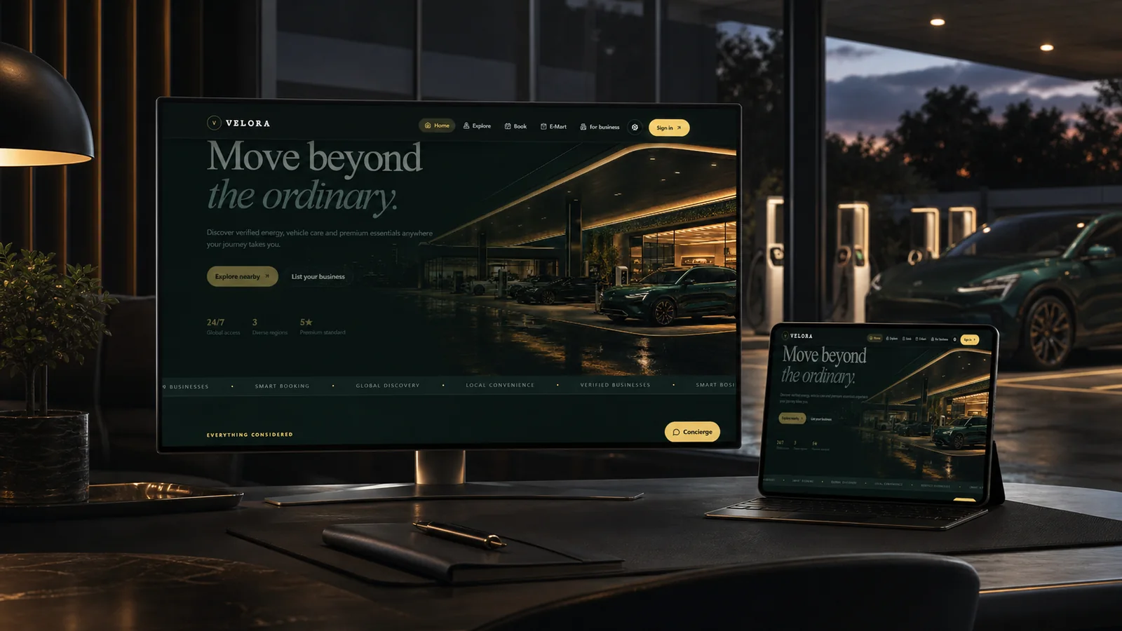 Velora Mobility service-discovery home page shown on a monitor, a laptop and a phone